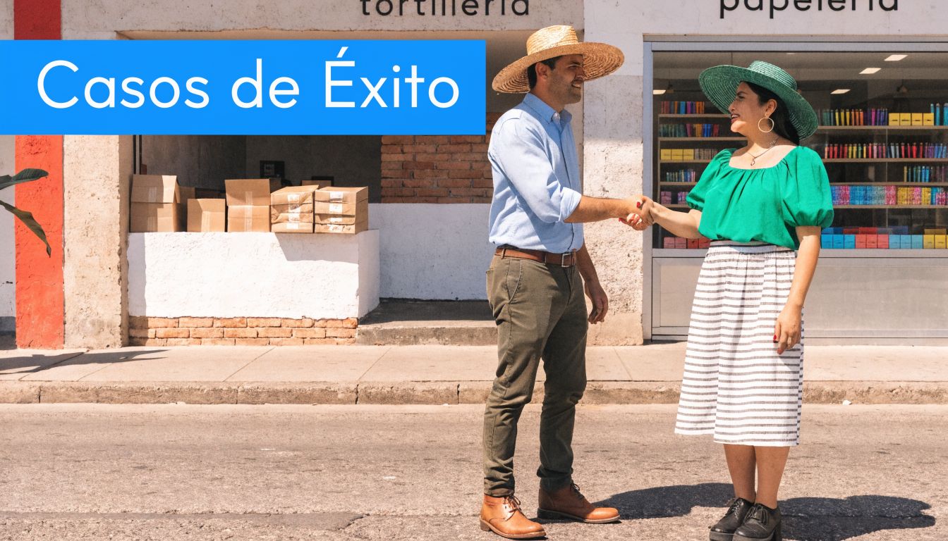 Un hombre y una mujer estrechan sus manos frente a un negocio local, simbolizando éxito profesional.