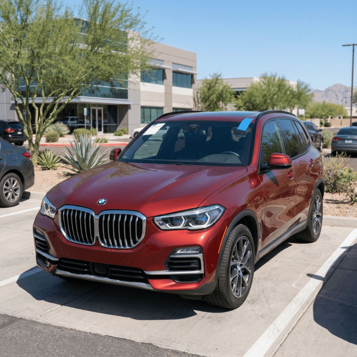 Mobile windshield repair on a red BMW X5 at a Tolleson, AZ business park parking lot