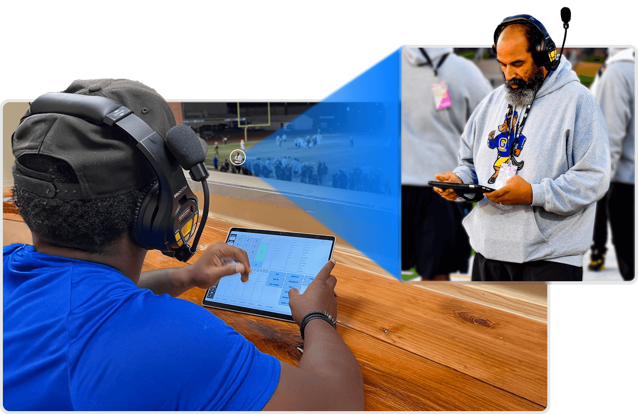 Coach using Modern Football’s Sideline Report to review real-time player and play data for in-game adjustments