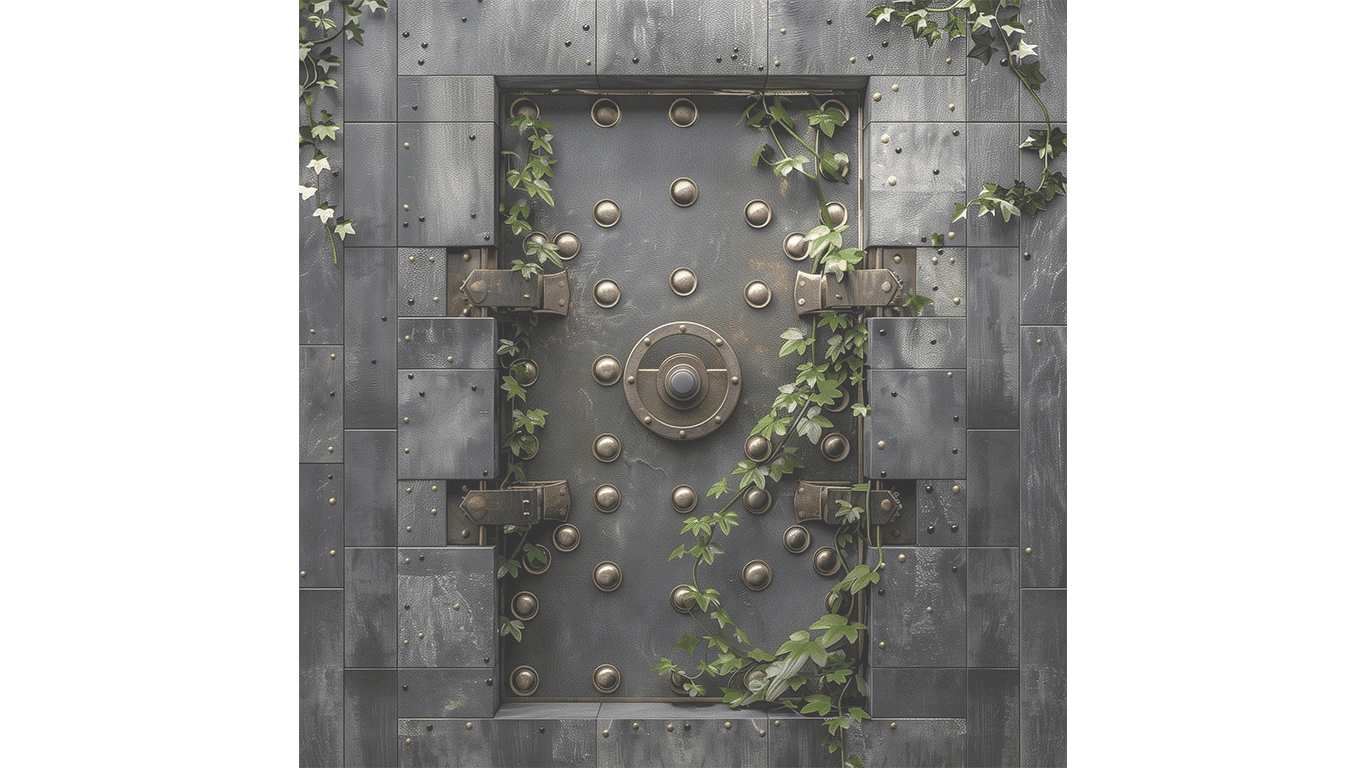 Vault door with circular handle and ivy vines growing over it