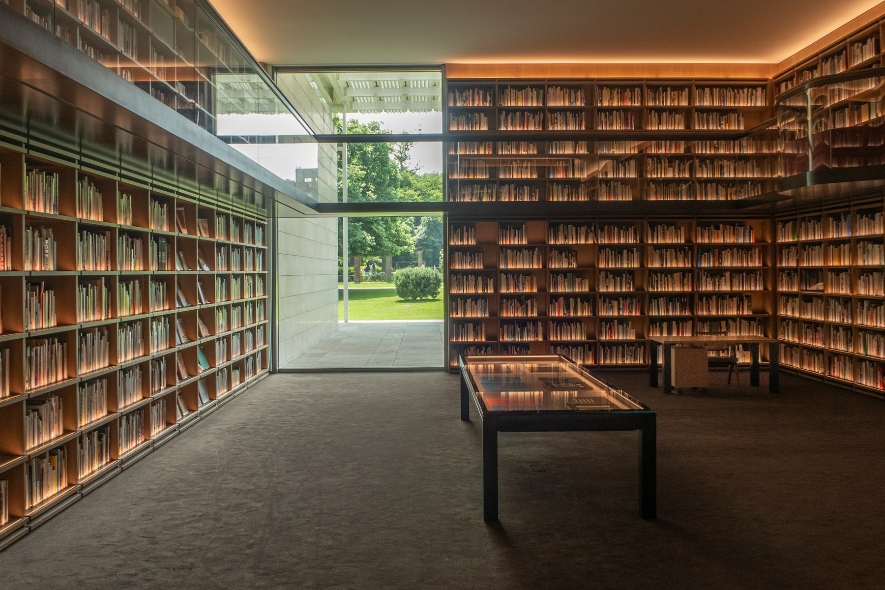 Library reading room with timber shelving and a garden window