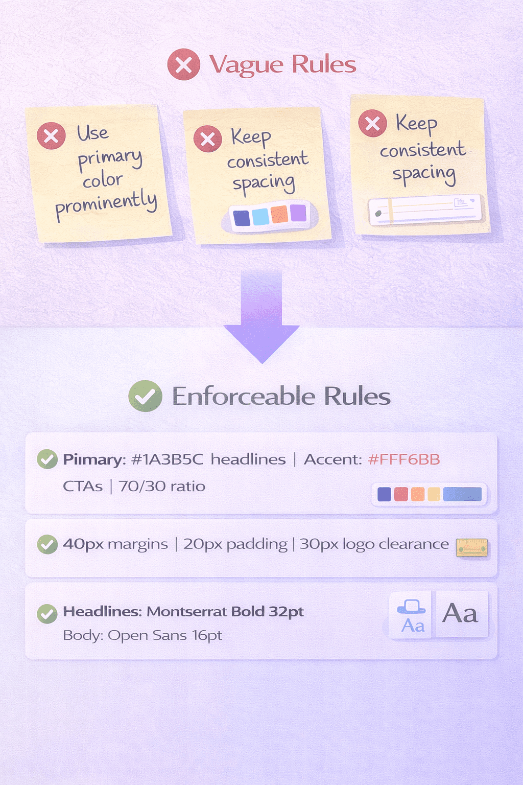 Before and after infographic transforming vague brand guidelines like 'use primary color prominently' into specific enforceable rules with exact hex codes, pixel measurements, and font specifications with point sizes