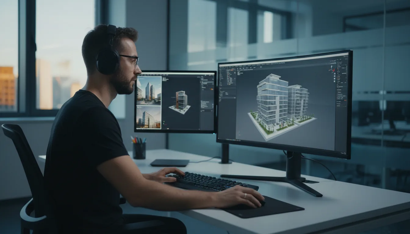 DSLR photograph, medium shot of a focused male 3D artist with glasses, wearing a black t-shirt and over-ear headphones, working at his desk. The primary monitor displays a complex 3D modeling software interface in dark mode, showing an architectural model of a multi-story building. The scene is lit with cool, natural daylight from an office window in the background, creating a cinematic contrast. Shallow depth of field with the man and his computer in sharp focus, while the office background behind a glass partition is softly blurred.