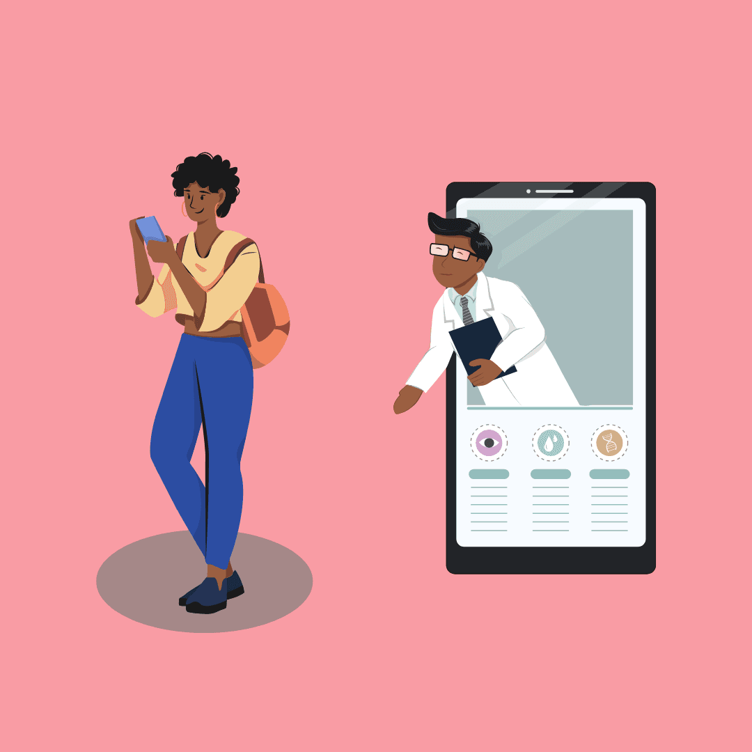 Woman checking her phone and man on an app