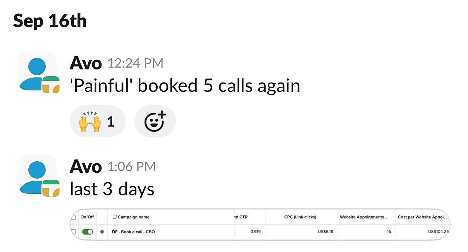 Slack, Sep 16: Painful booked 5 calls again; last 3 days showing DF Book a call CBO with 0.91% CTR, $6.18 CPC, 16 website appointments at $104.25 each