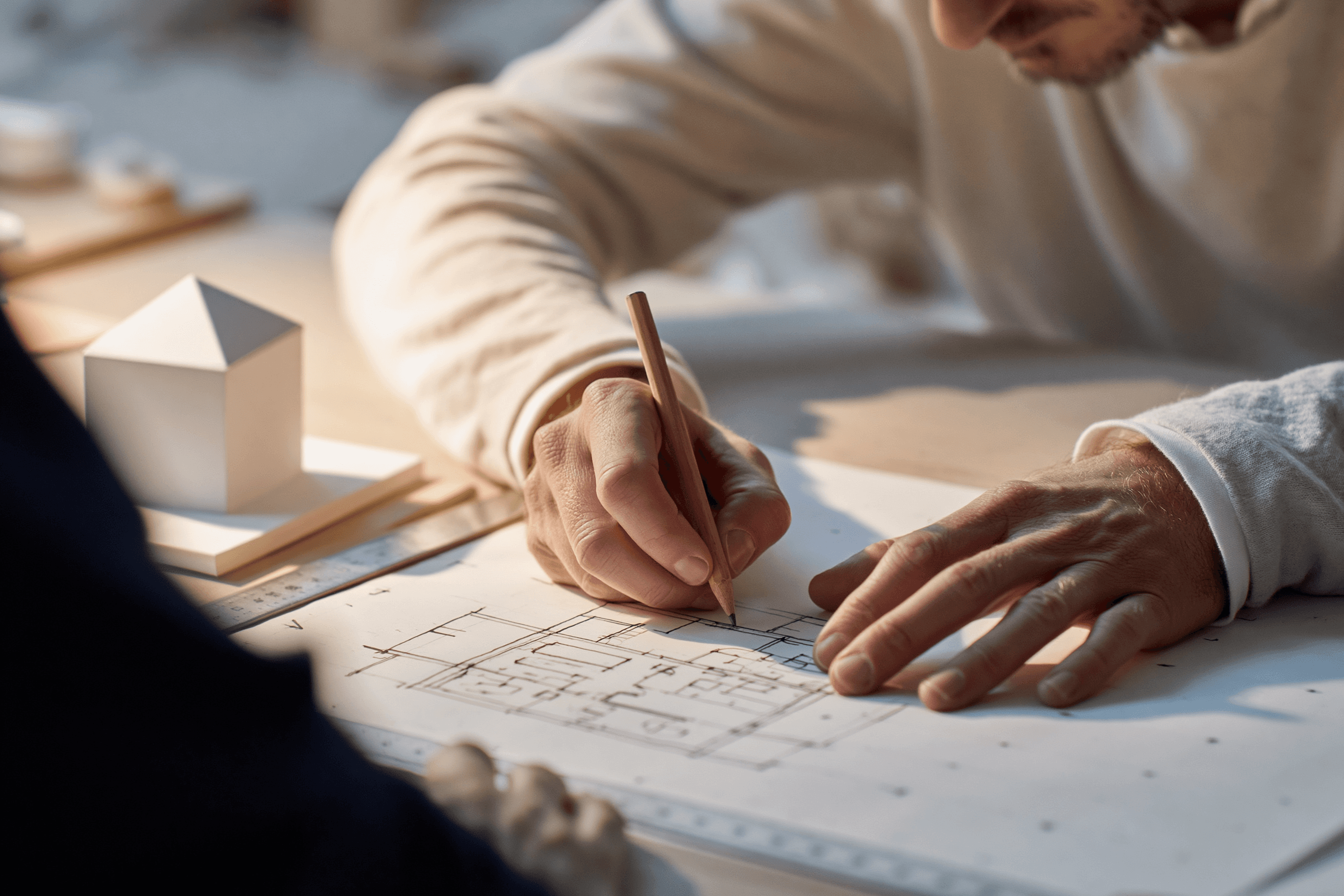 Architect's hands making charcoal studies on paper beside a cardboard model, warm amber desk light