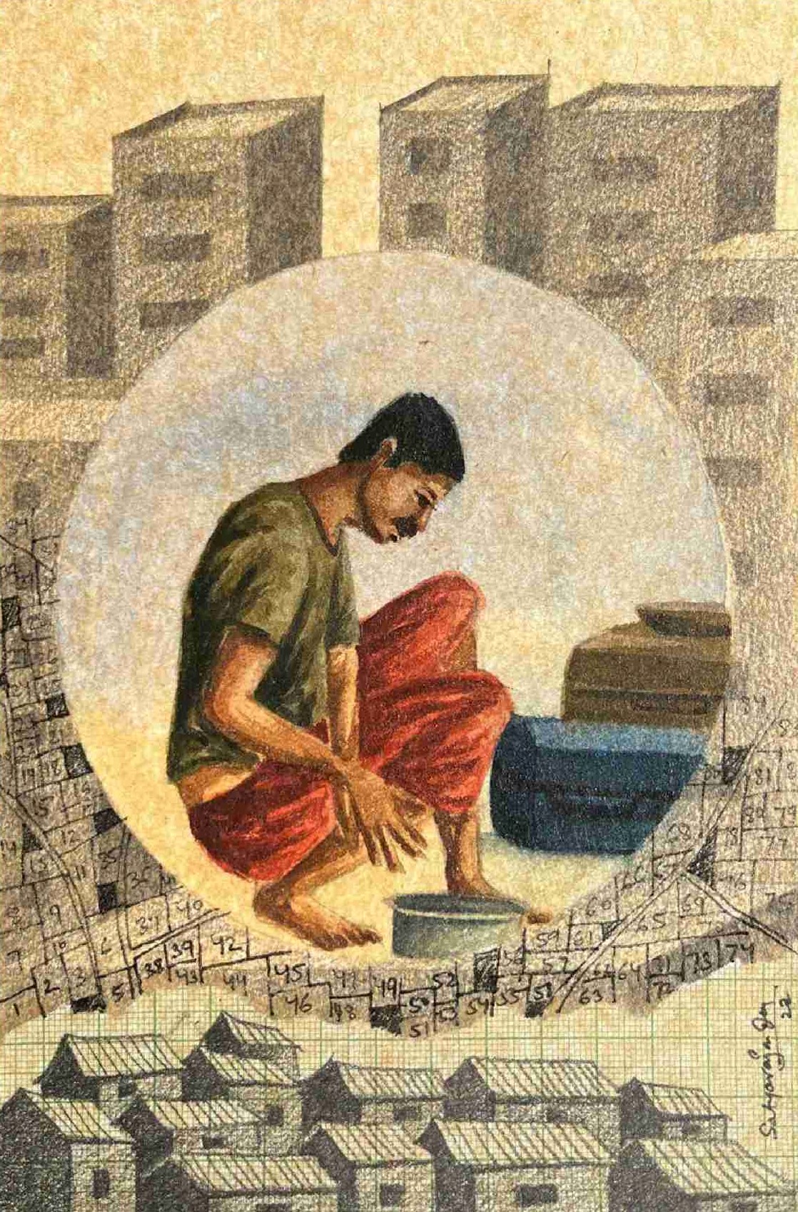 herd of sheep on road painting