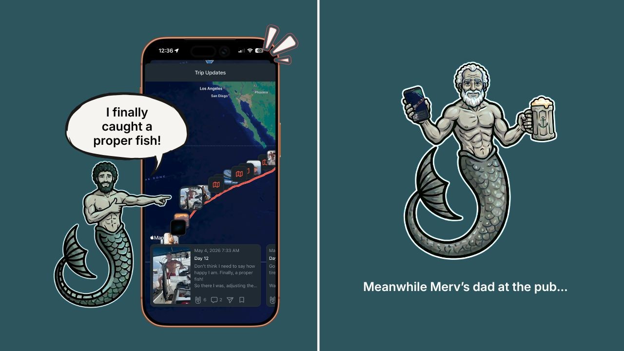 SeaPeople app mid-track updates showing a sailing route with fish catch and live tracking shared with family