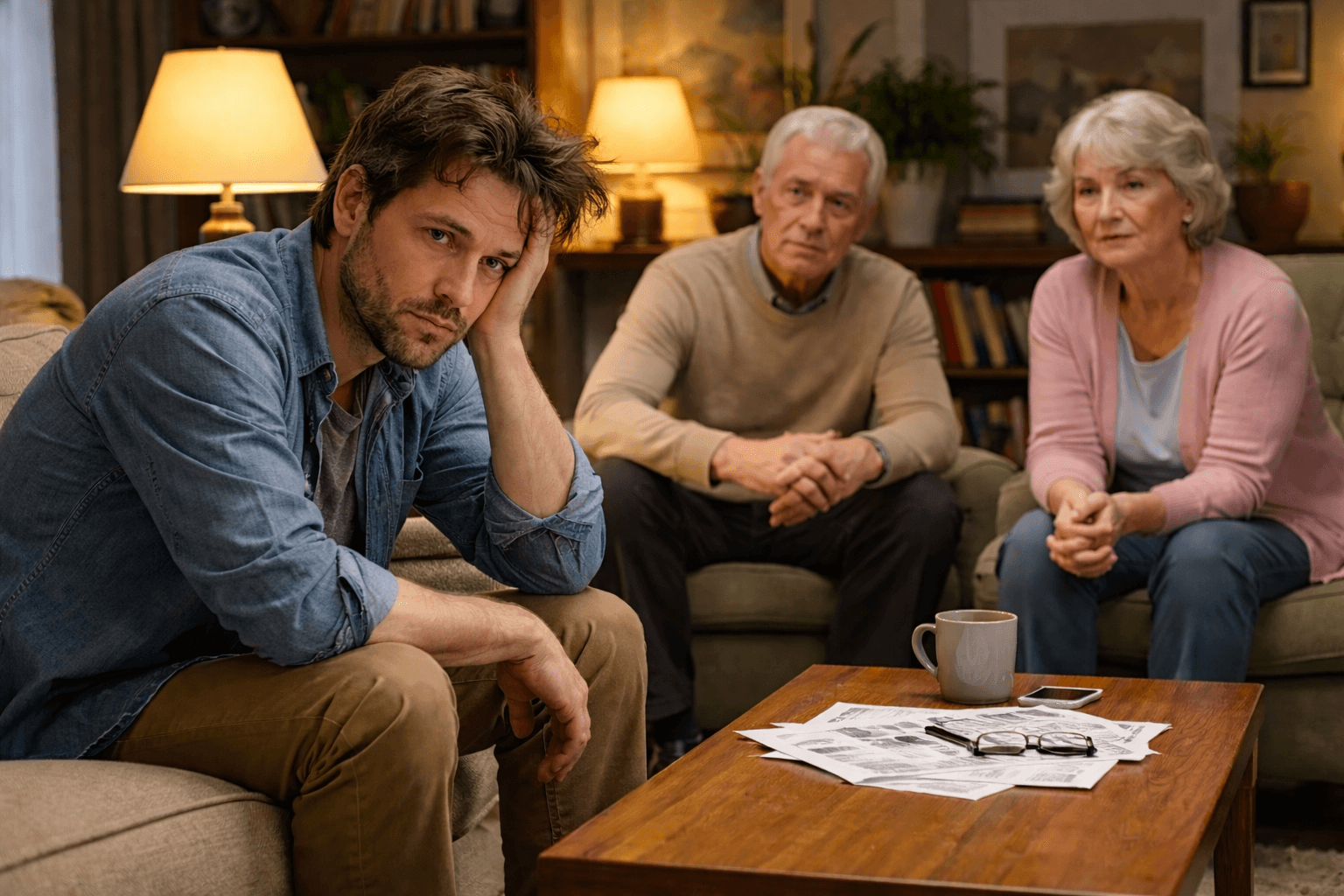 rumpled 30-something man sits with older couple in living room of a home