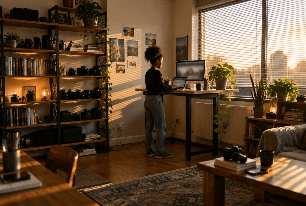 Small creative studio at golden hour with a creator working at a standing desk