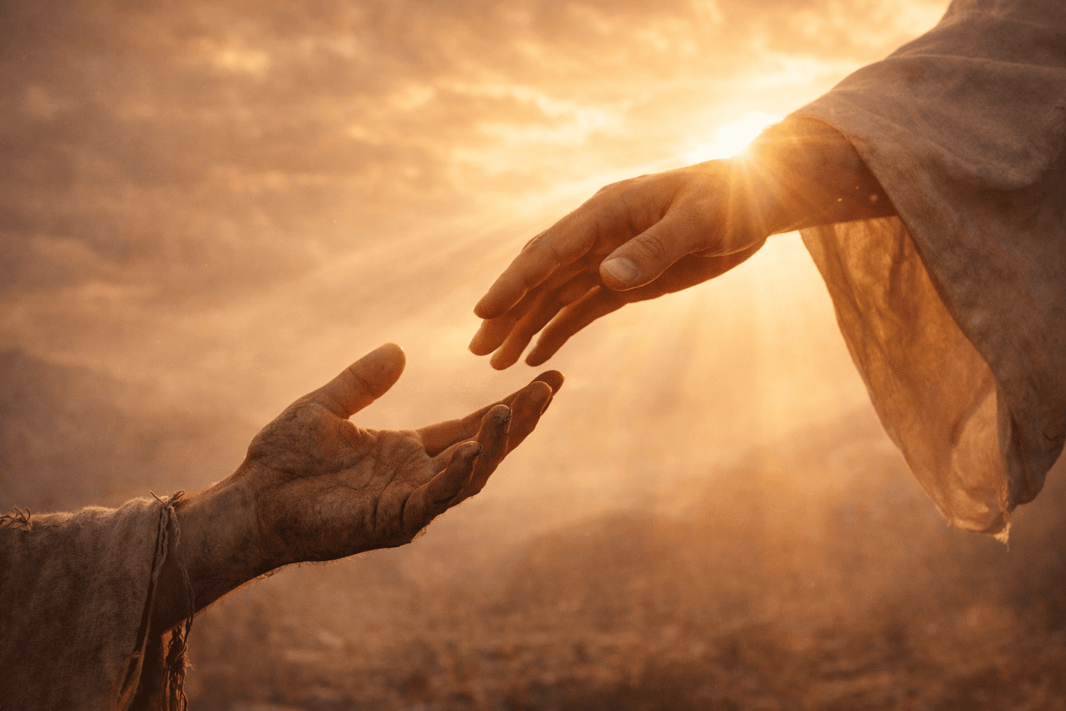 Two hands reaching in golden biblical light representing the difference between grace and mercy
