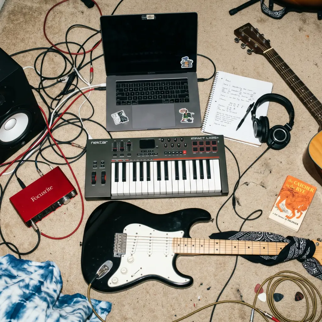 home studio con ordenador, guitarra y tarjeta de sonido