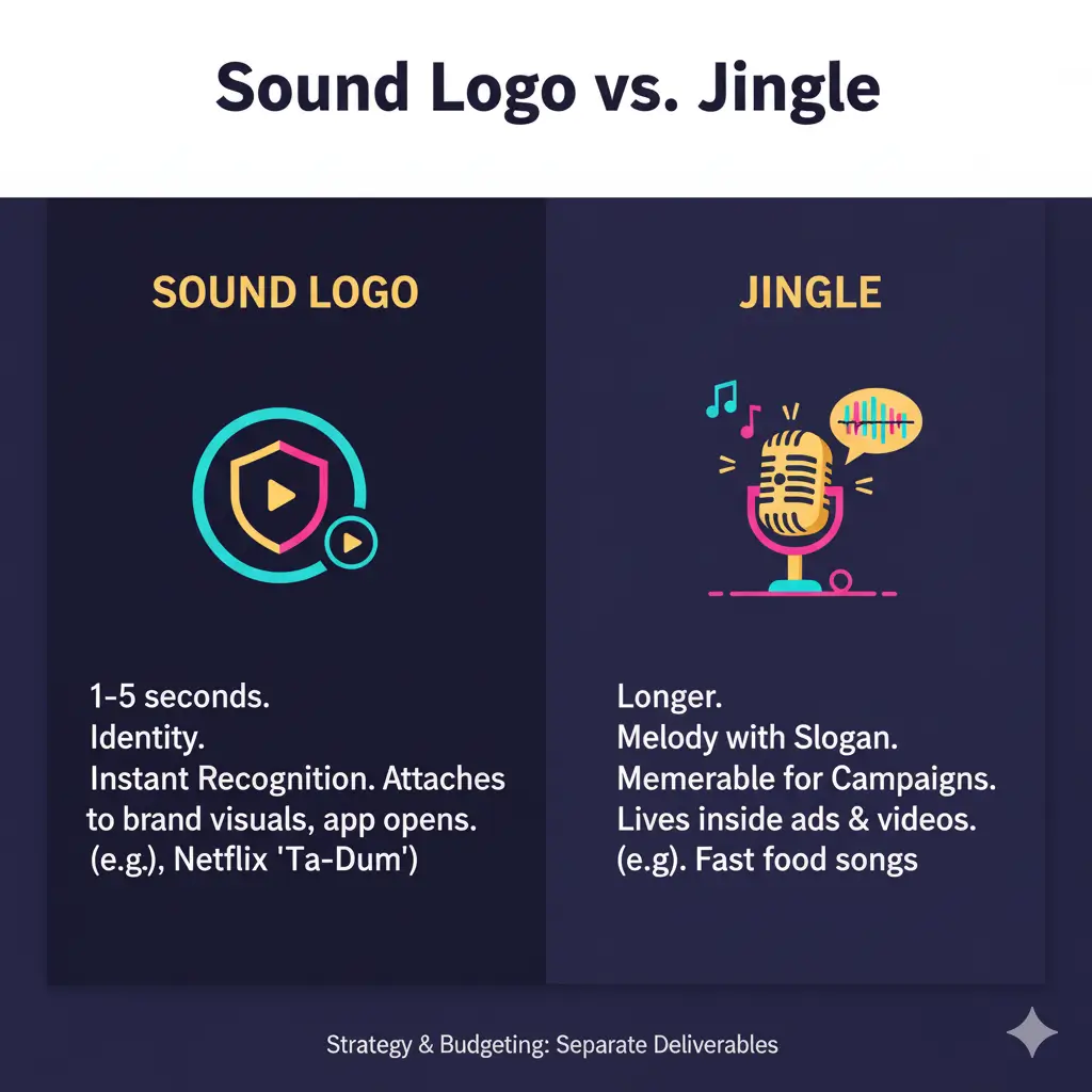 A comparison graphic contrasting "Sound Logo" and "Jingle." The Sound Logo side features a shield icon with a play button, described as 1-5 seconds, for identity and instant recognition (e.g., Netflix 'Ta-Dum'). The Jingle side shows a vintage microphone with musical notes and a speech bubble with sound waves, described as longer, a melody with a slogan, memorable for campaigns, and living inside ads and videos (e.g., fast food songs). The bottom text reads: "Strategy & Budgeting: Separate Deliverables."
