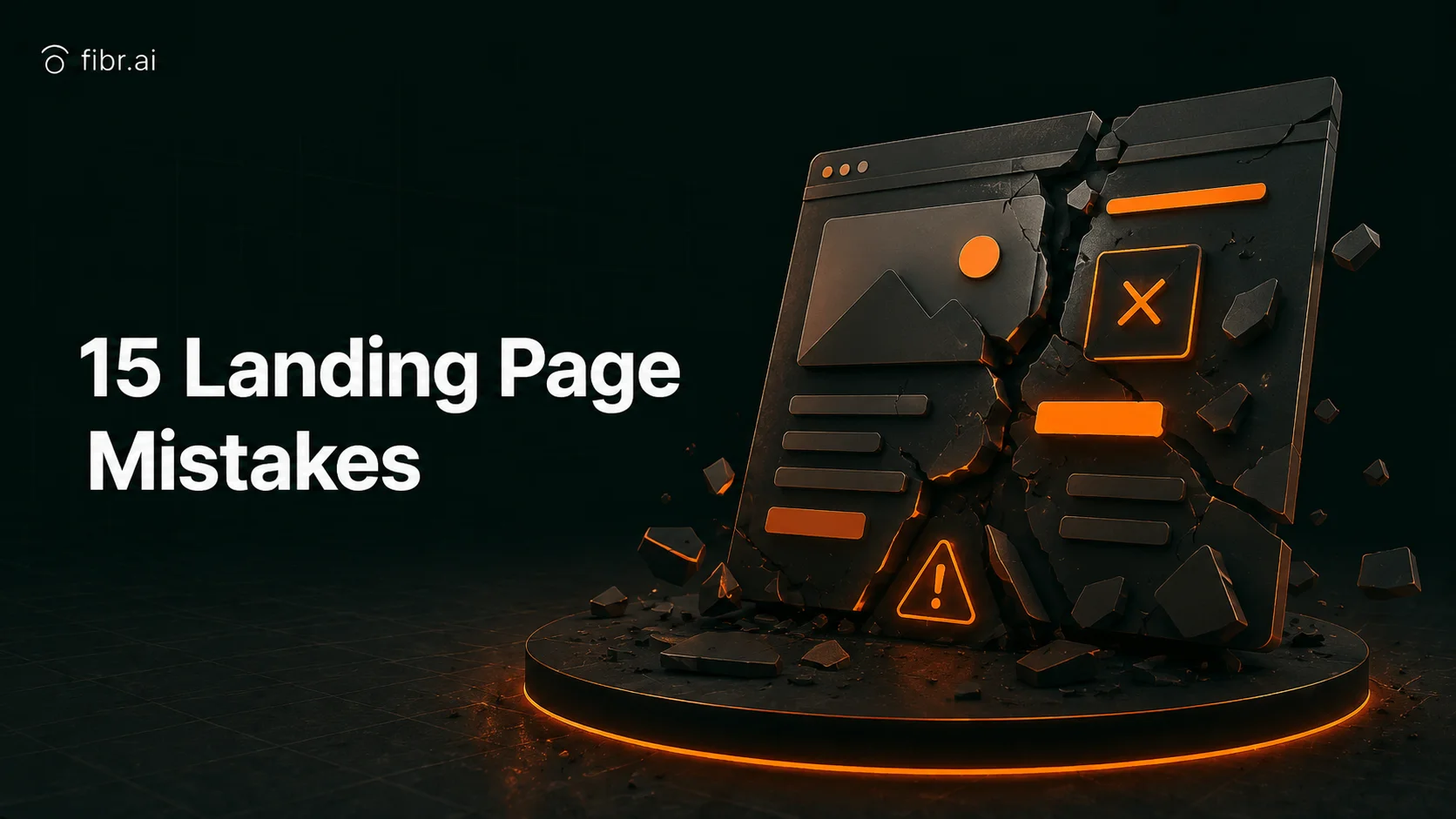 Futuristic AI landing page interface with broken conversion elements, glowing warning indicators, and modern SaaS dashboard visuals representing 5 Landing Page Mistakes.