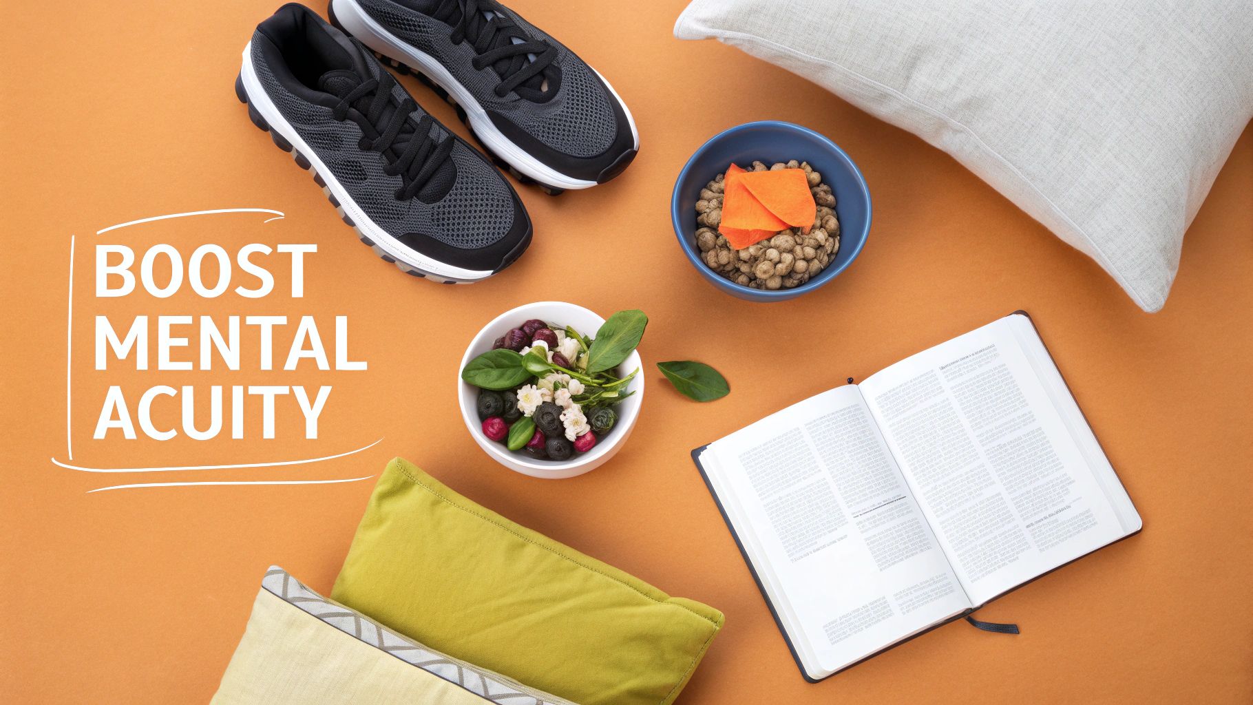 Flat lay showing essentials for boosting mental acuity: running shoes, healthy food, an open book, and pillows.