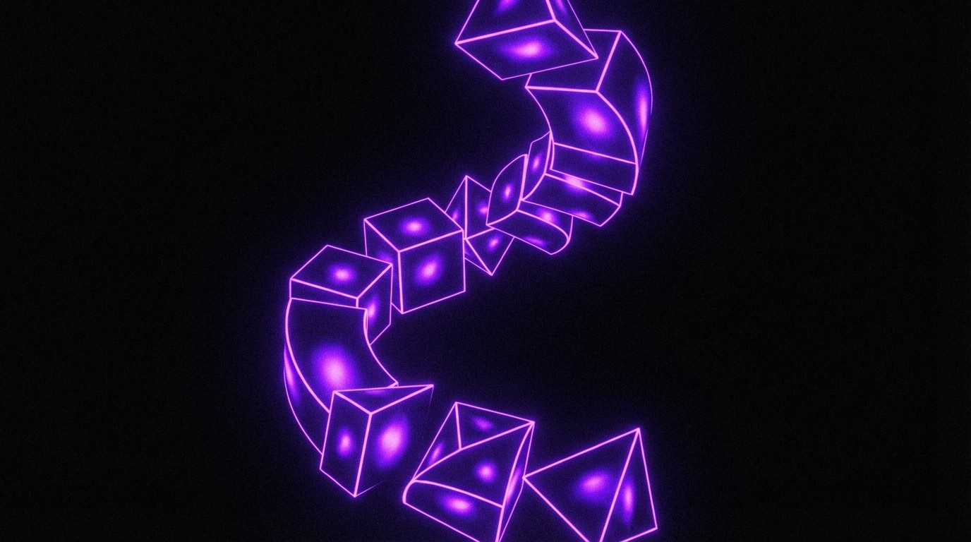 Abstract data visualization with ascending purple-glowing metrics and upward-trending shapes on dark background