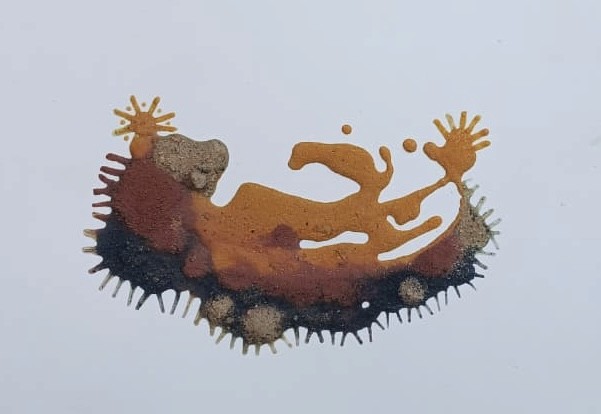 herd of sheep on road painting