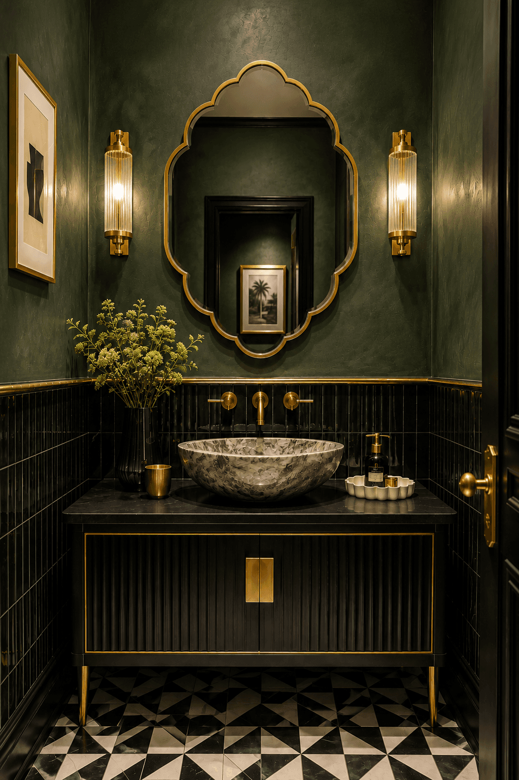 Moody Neo Deco powder bathroom with deep green limewash walls, a scalloped brass mirror, black lacquer vanity, sculptural stone vessel sink, polished brass fixtures, and black-and-white geometric tile flooring. This luxury Art Deco-inspired bathroom design features warm layered lighting, dramatic contrast, and boutique hotel styling with modern 2026 interior design trends.