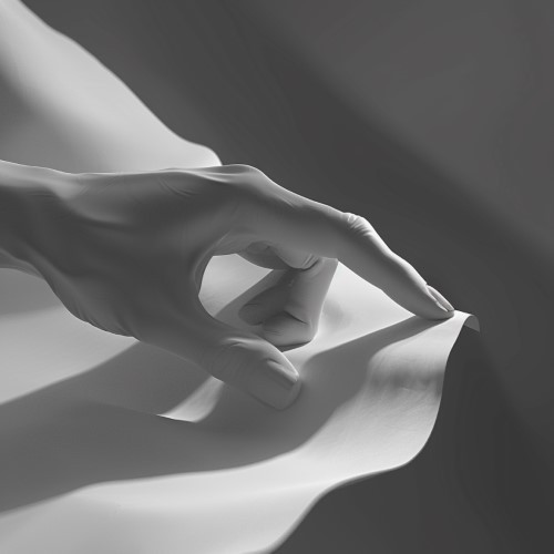 Eine Hand die ein Blatt Papier berührt.