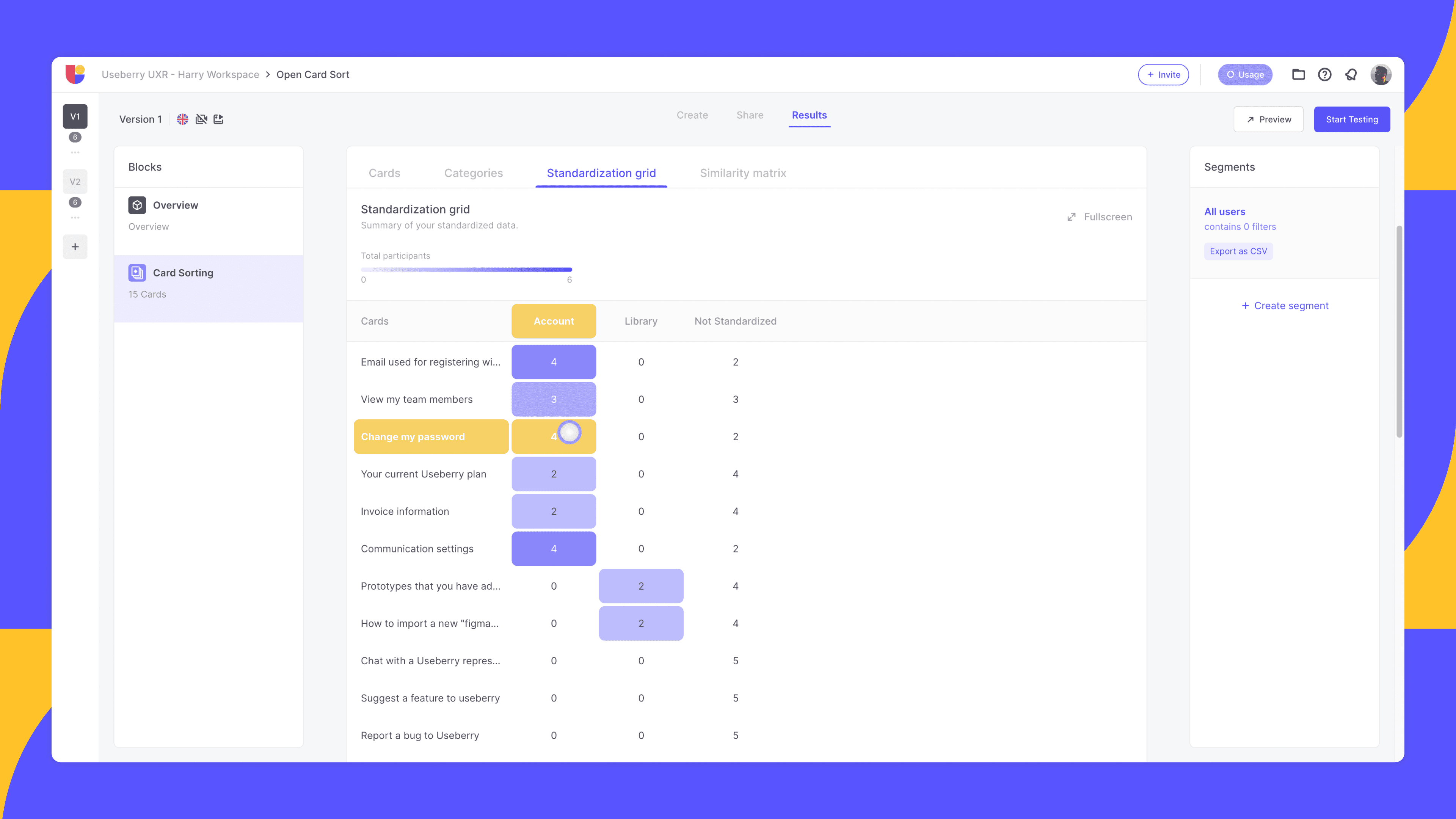 show the UI of standardization grid of an open card sorting study.
