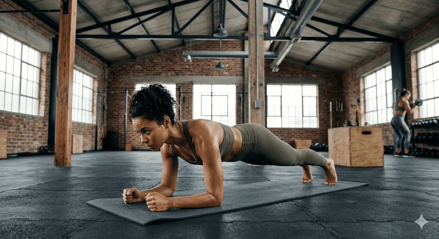 Determined woman in olive activewear performing forearm plank on yoga mat in spacious gym.