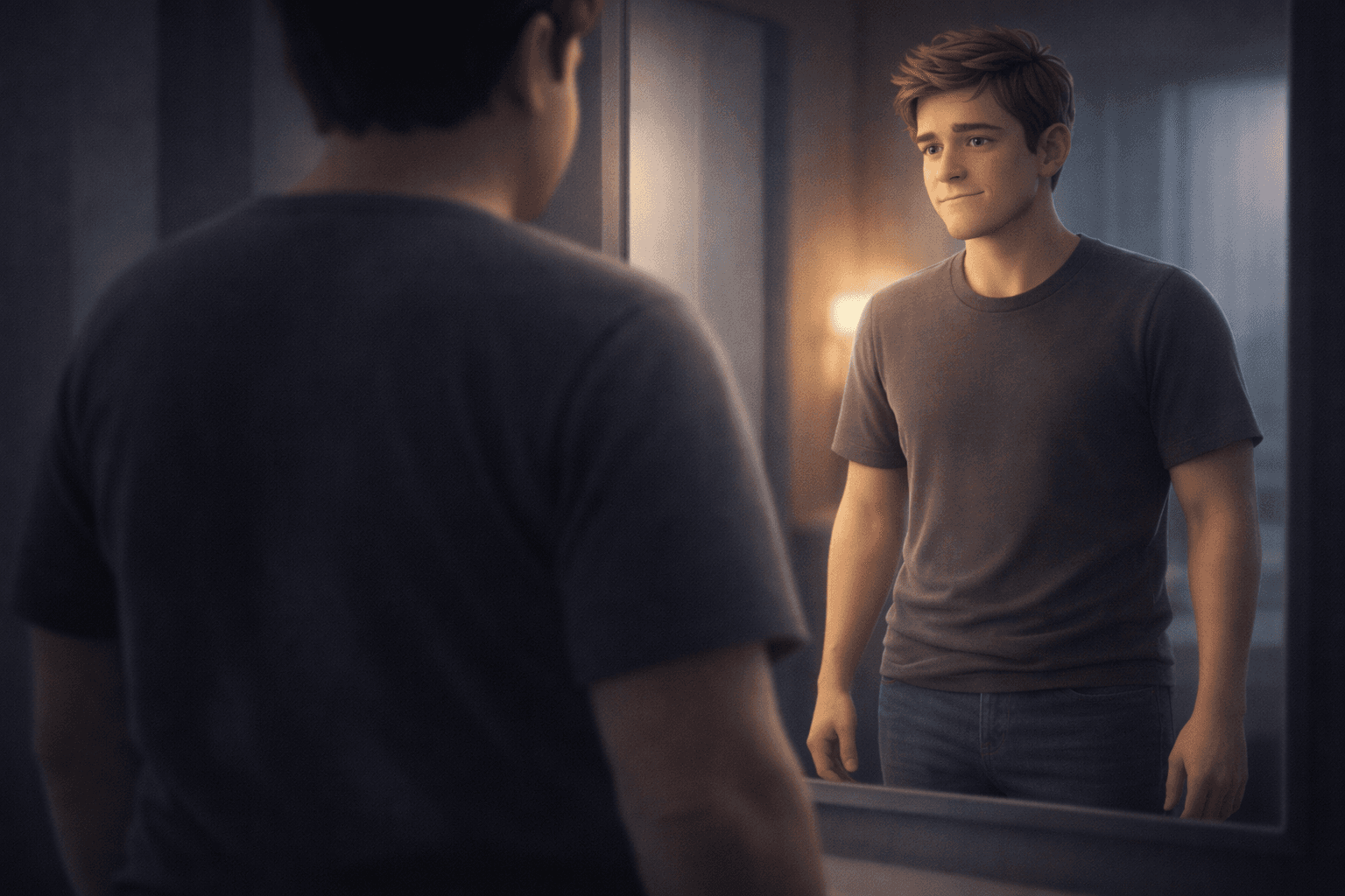 Cinematic 3D animated illustration of a young adult man standing in front of a mirror with a calm, hopeful expression, symbolizing health awareness, self-reflection, lifestyle change, metabolic balance, and preventive healthcare for long-term wellness and longevity in a premium, doctor-led wellness concept aligned with Lyxaa.