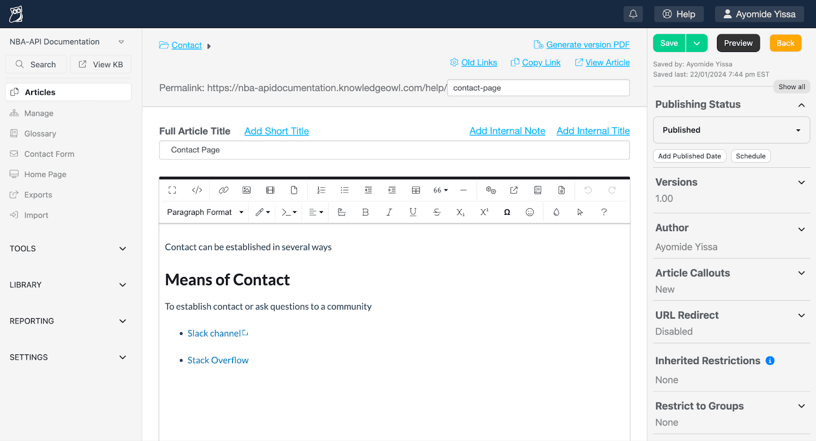 A screenshot of the editor view for an article in a KnowledgeOwl knowledge base titled, "Contact Page".