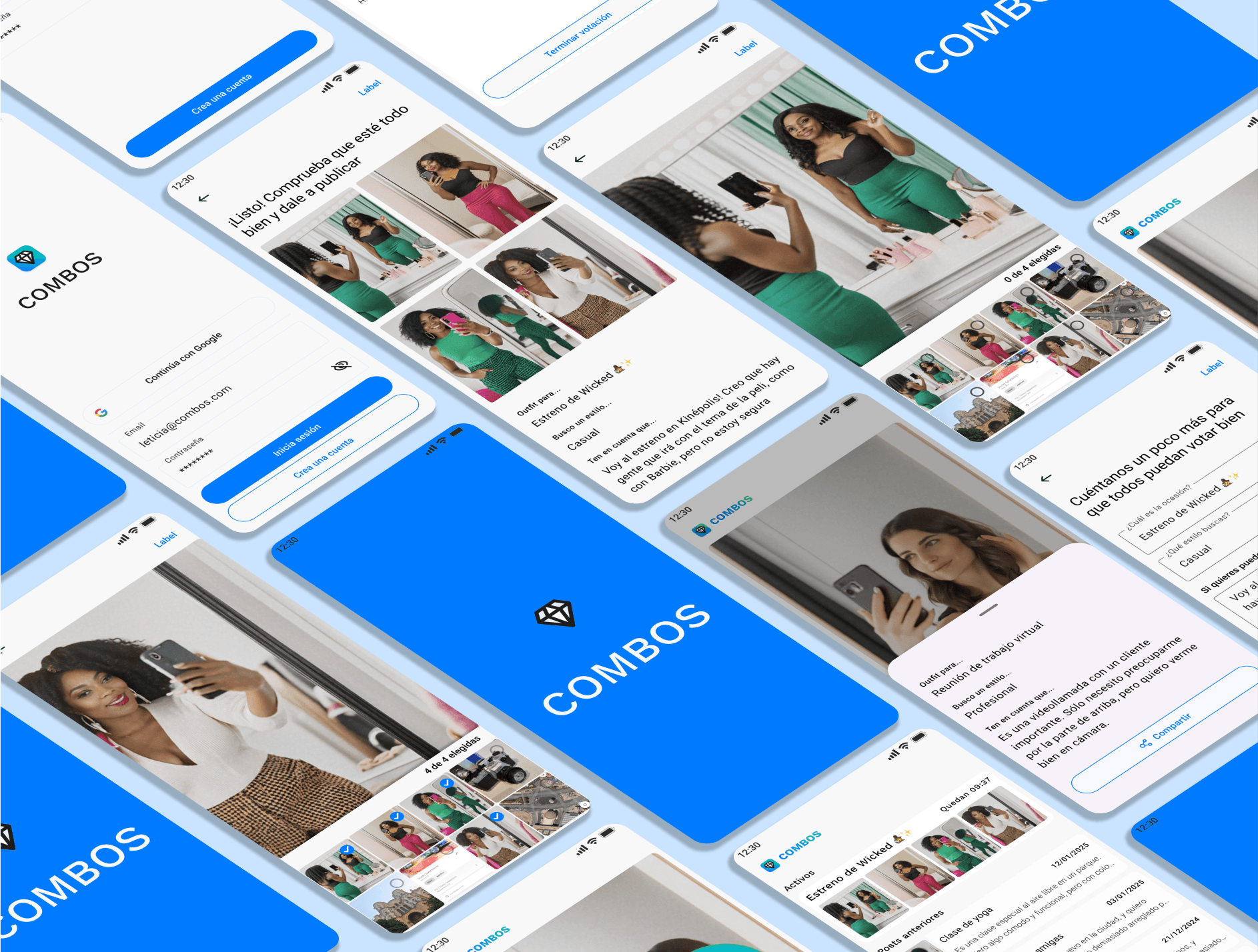 Una colección de pantallas de una aplicación móvil de moda llamada "COMBOS". Las pantallas muestran una mezcla de imágenes de mujeres posando con diferentes atuendos, opciones de inicio de sesión, feeds de publicaciones con comentarios y me gusta, y perfiles de usuario. El diseño general es limpio y moderno, con un uso prominente de los colores blanco y azul.
