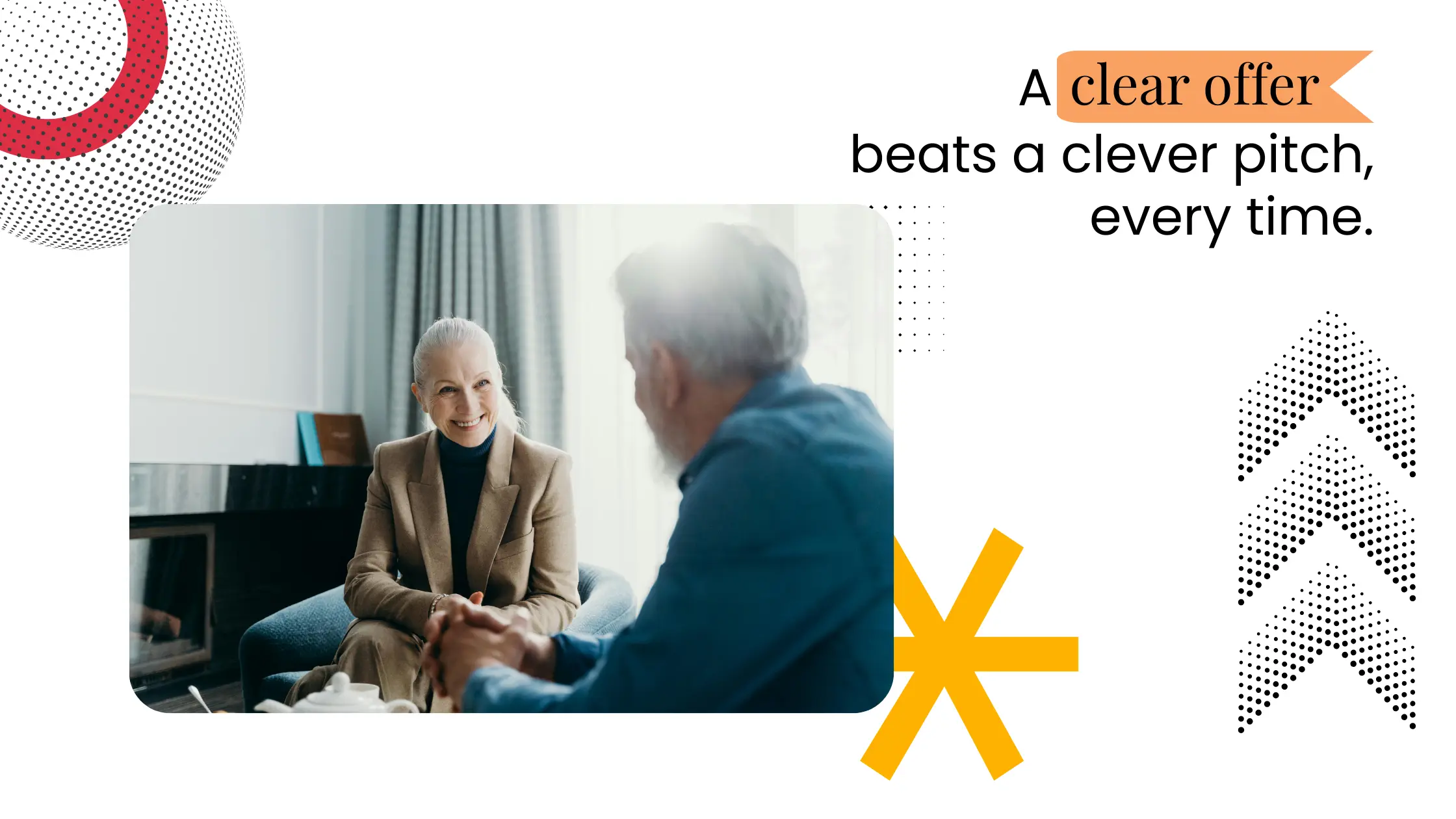Coach having a focused conversation with a client in an office setting, alongside text about clear coaching offers over clever pitches.
