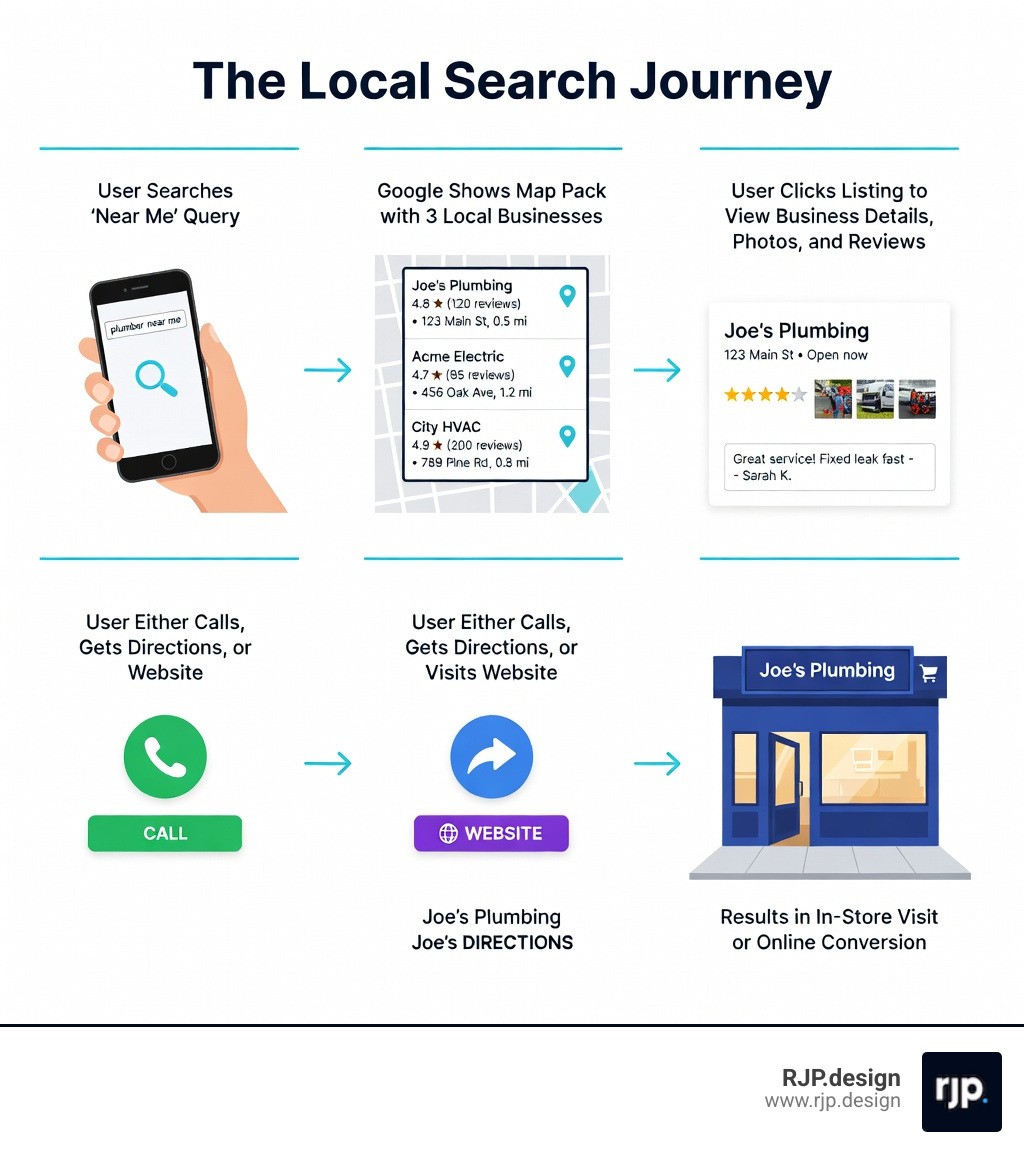 Infographic showing the local search journey: User searches "near me" query on phone → Google shows Map Pack with 3 local businesses → User clicks listing to view business details, photos, and reviews → User either calls, gets directions, or visits website → Results in in-store visit or online conversion. Includes icons for mobile search, map pin, star ratings, phone call, and storefront. - Local SEO consultants infographic 