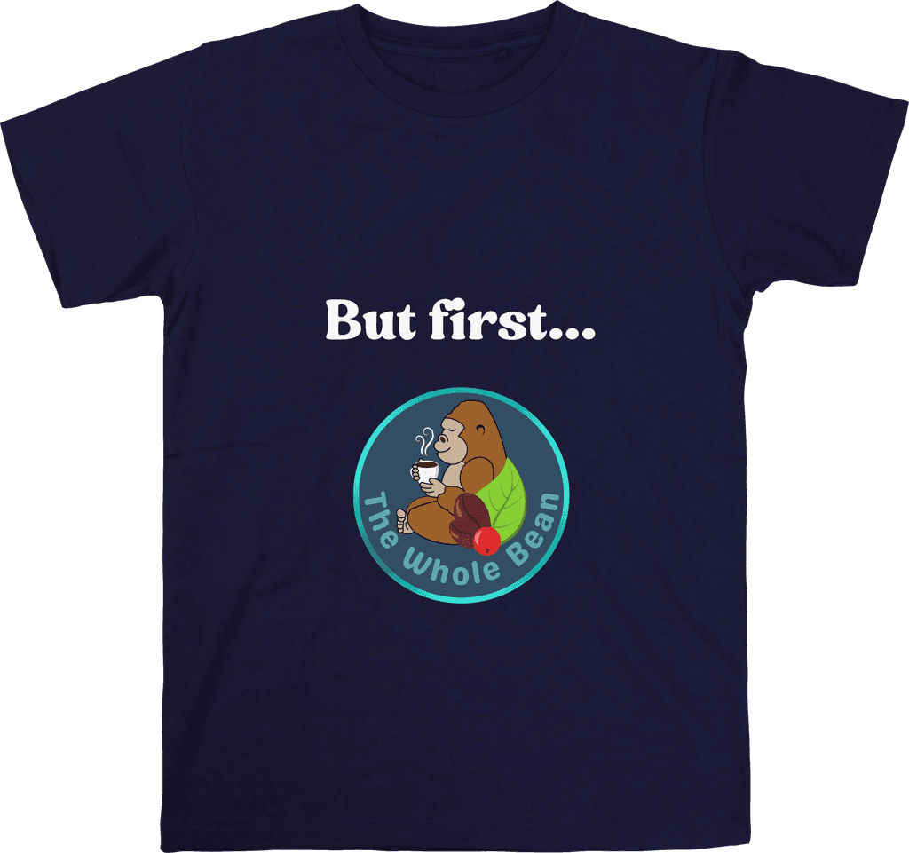 A navy blue T-shirt delivers The Whole Bean’s brand message with crisp, clever style. On the front, “But first” appears above the logo, using scale and placement to turn the shirt into a walking invitation for calm and clarity. The rich navy tone flatters all skin tones and elevates the everyday, while the logo’s metallic border pops against the fabric—blending cozy comfort with a polished, intentional look.