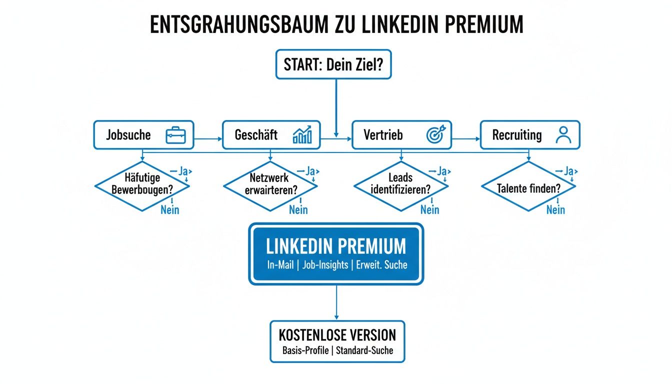 Flussdiagramm zur Entscheidung, ob LinkedIn Premium oder die kostenlose Version basierend auf den persönlichen Zielen genutzt werden sollte.