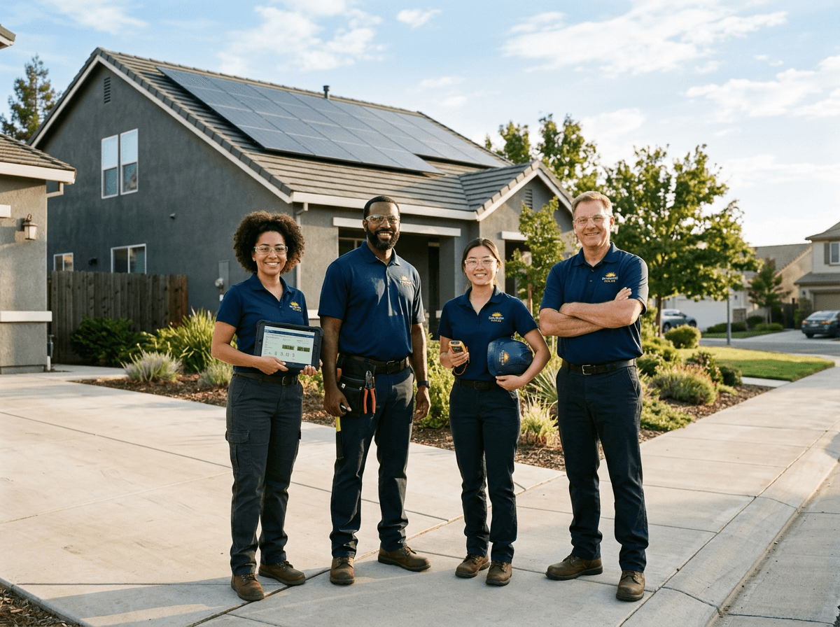California Energy Initiative team of solar professionals in front of a Sacramento home with solar panels