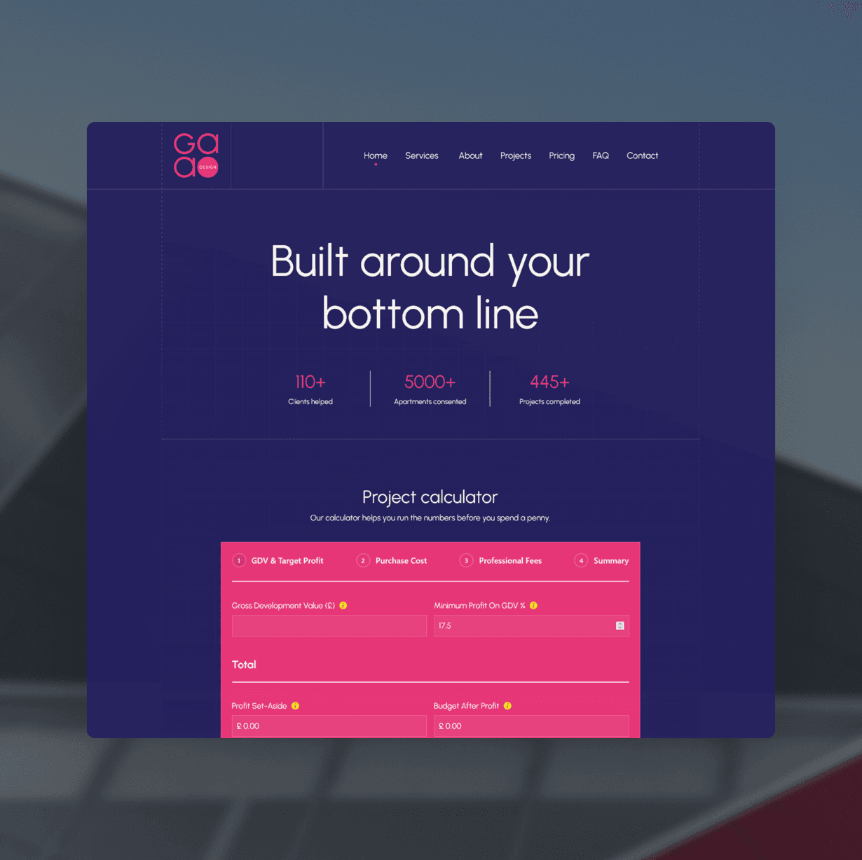 GAA Website homepage showcasing a project calculator, with the tagline "Built around your bottom line".