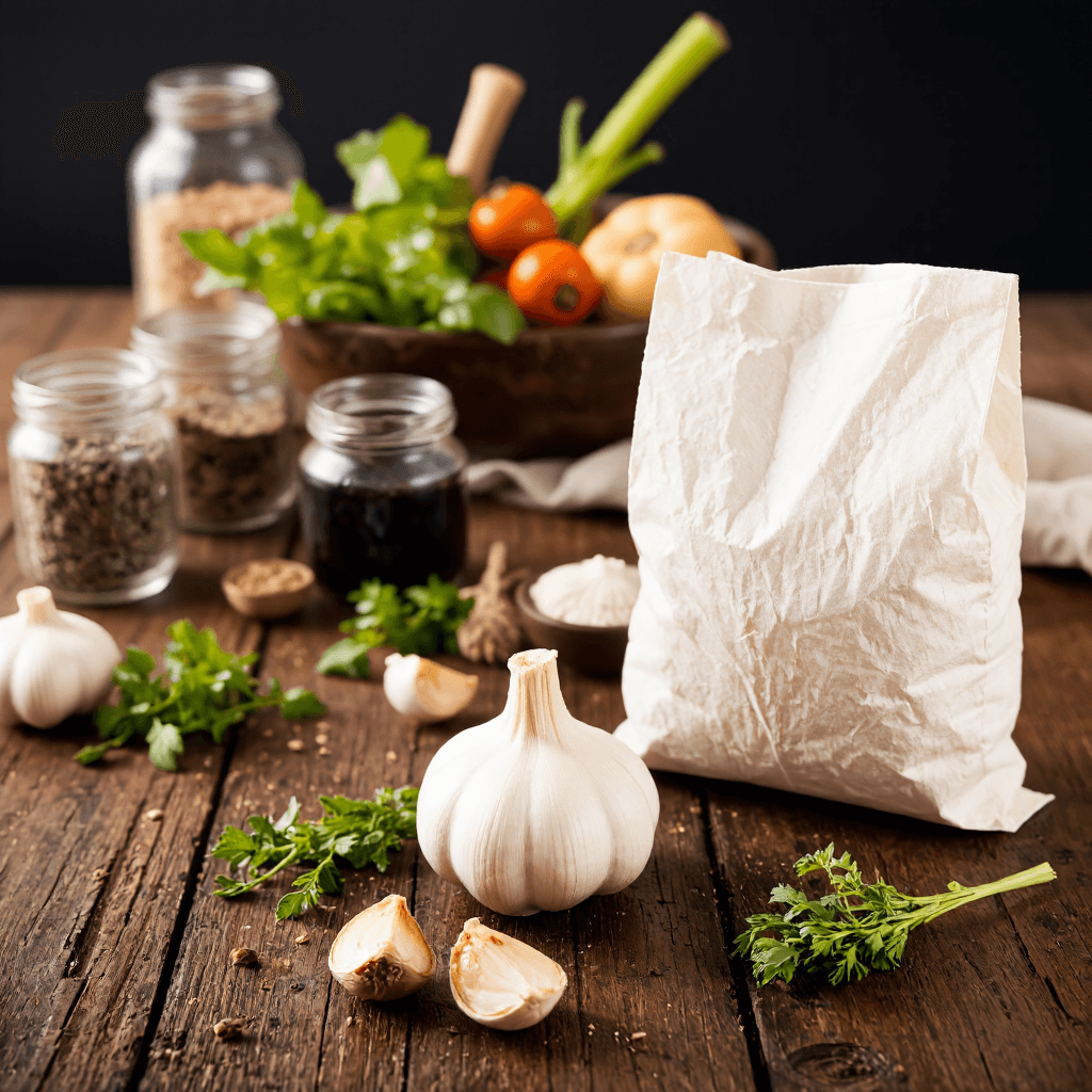 product photography of bag of garlic and two pieces of black garlic