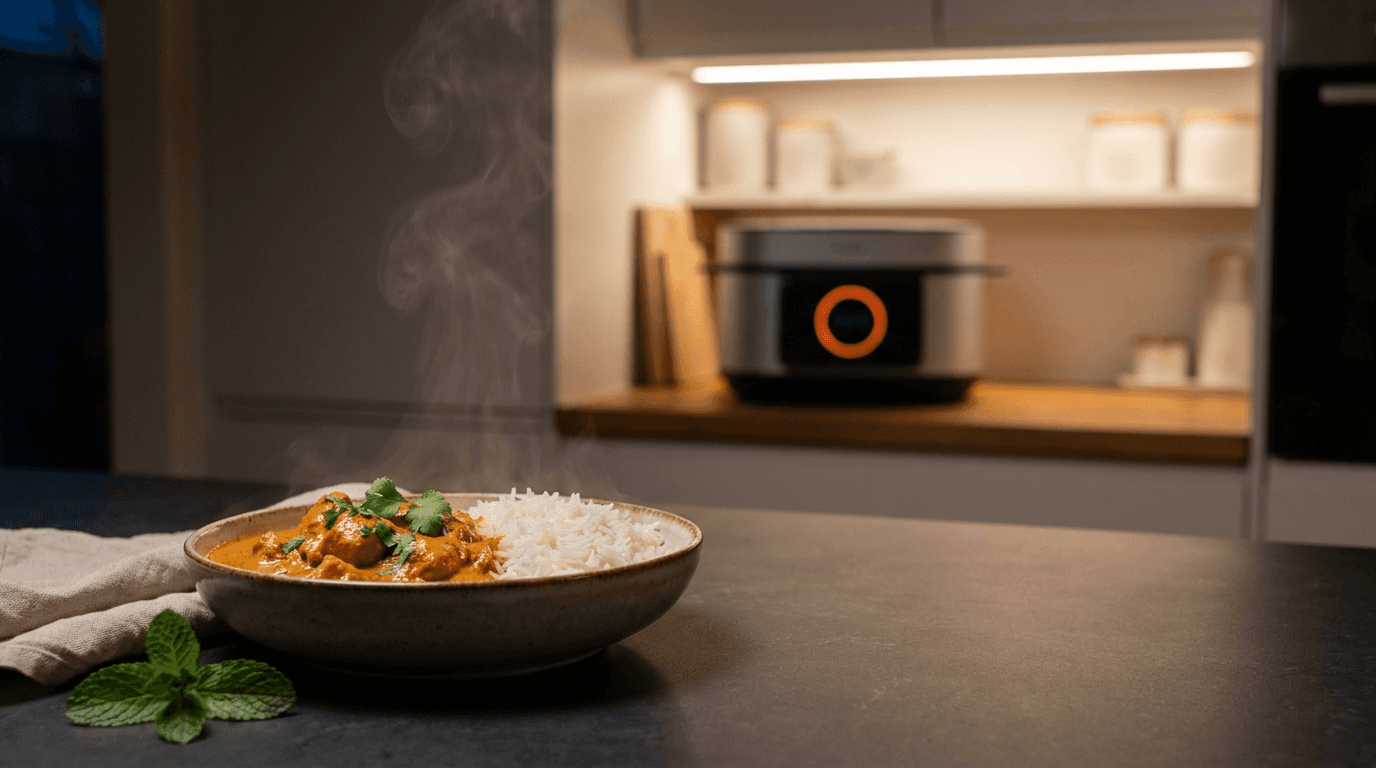 Smart kitchen device beside a finished butter chicken bowl for high protein meals