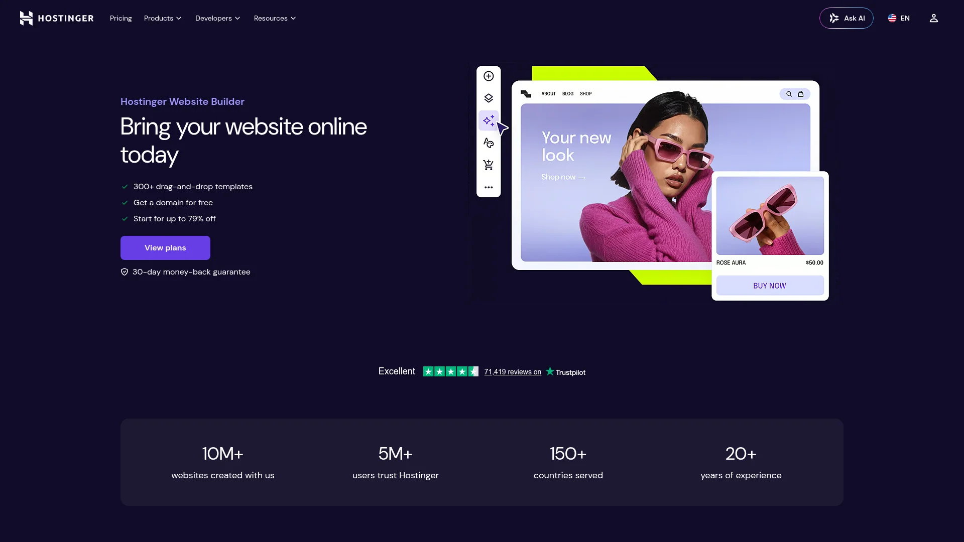 Hostinger AI website builder page