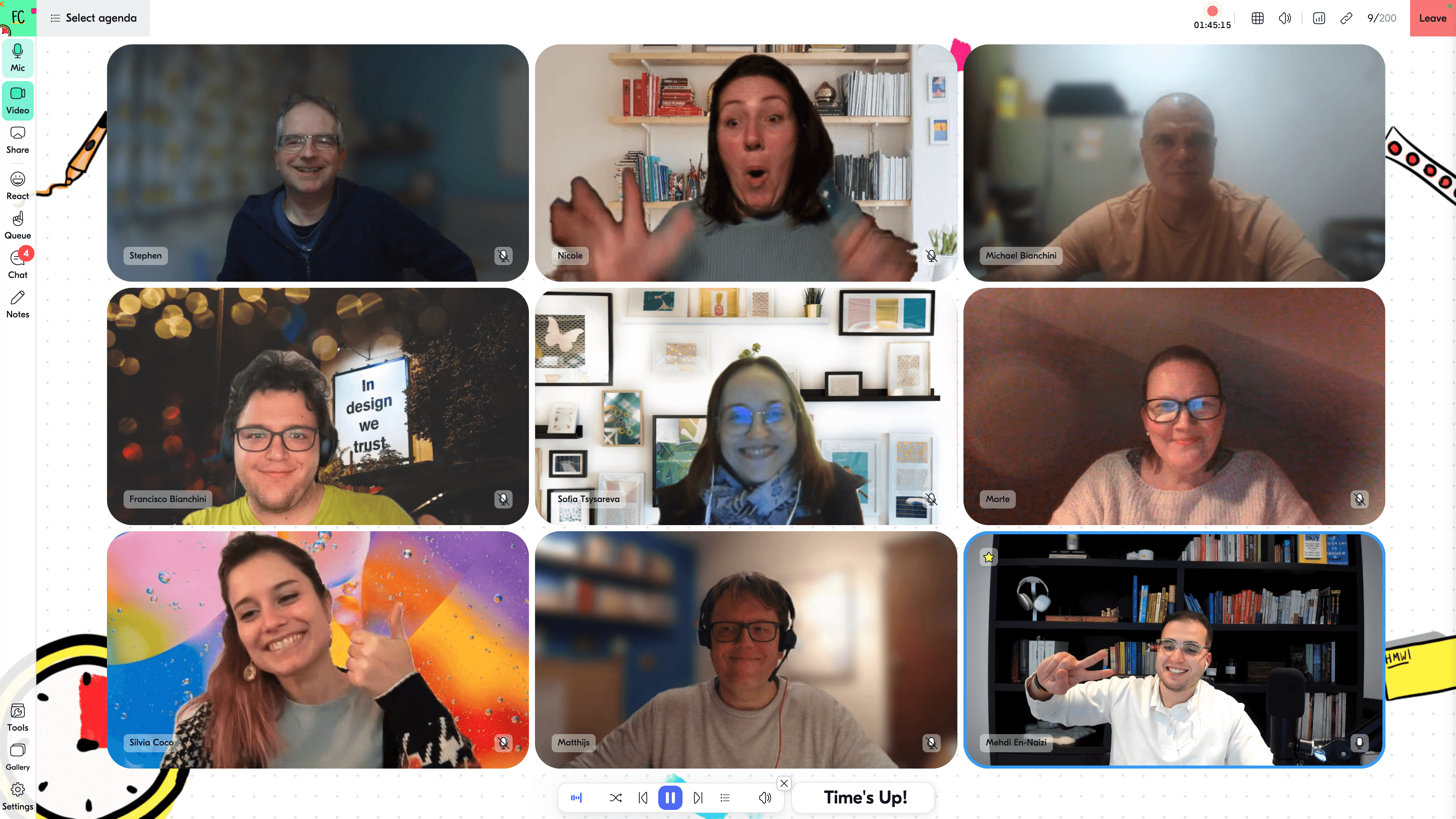 Remote facilitation workshop with multiple participants collaborating via video call, using digital whiteboard tools