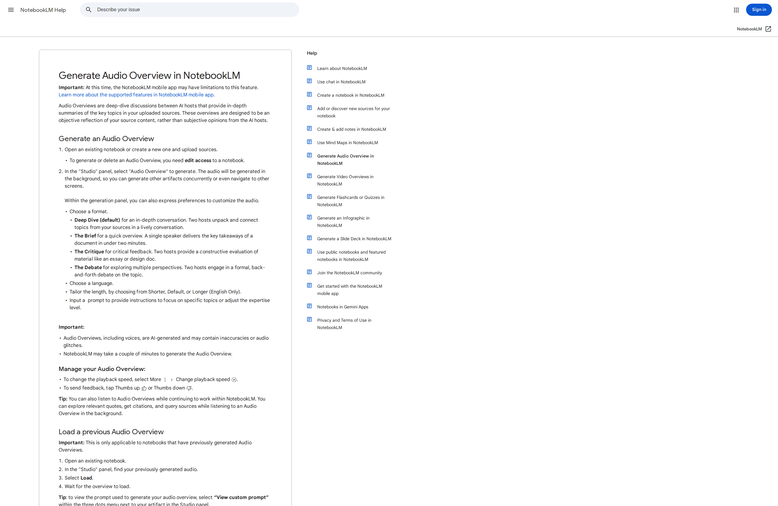 Google's official NotebookLM support page explaining how Audio Overviews work