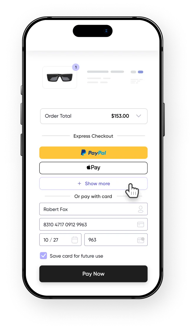 Mobiler Checkout für eine Bestellung über 153 Dollar mit PayPal und Apple Pay als Express-Optionen über dem Kartenformular.