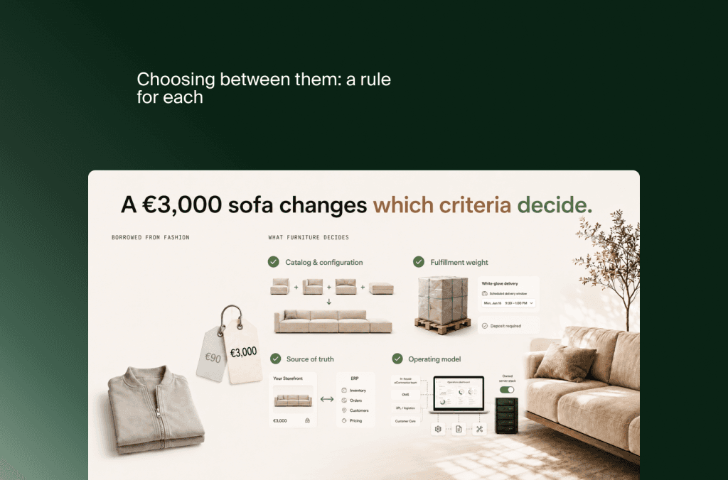 Infografik: wie ein Sofa für 3.000 € die Plattformkriterien auf Katalog, Fulfillment, Datenquelle und Betriebsmodell lenkt