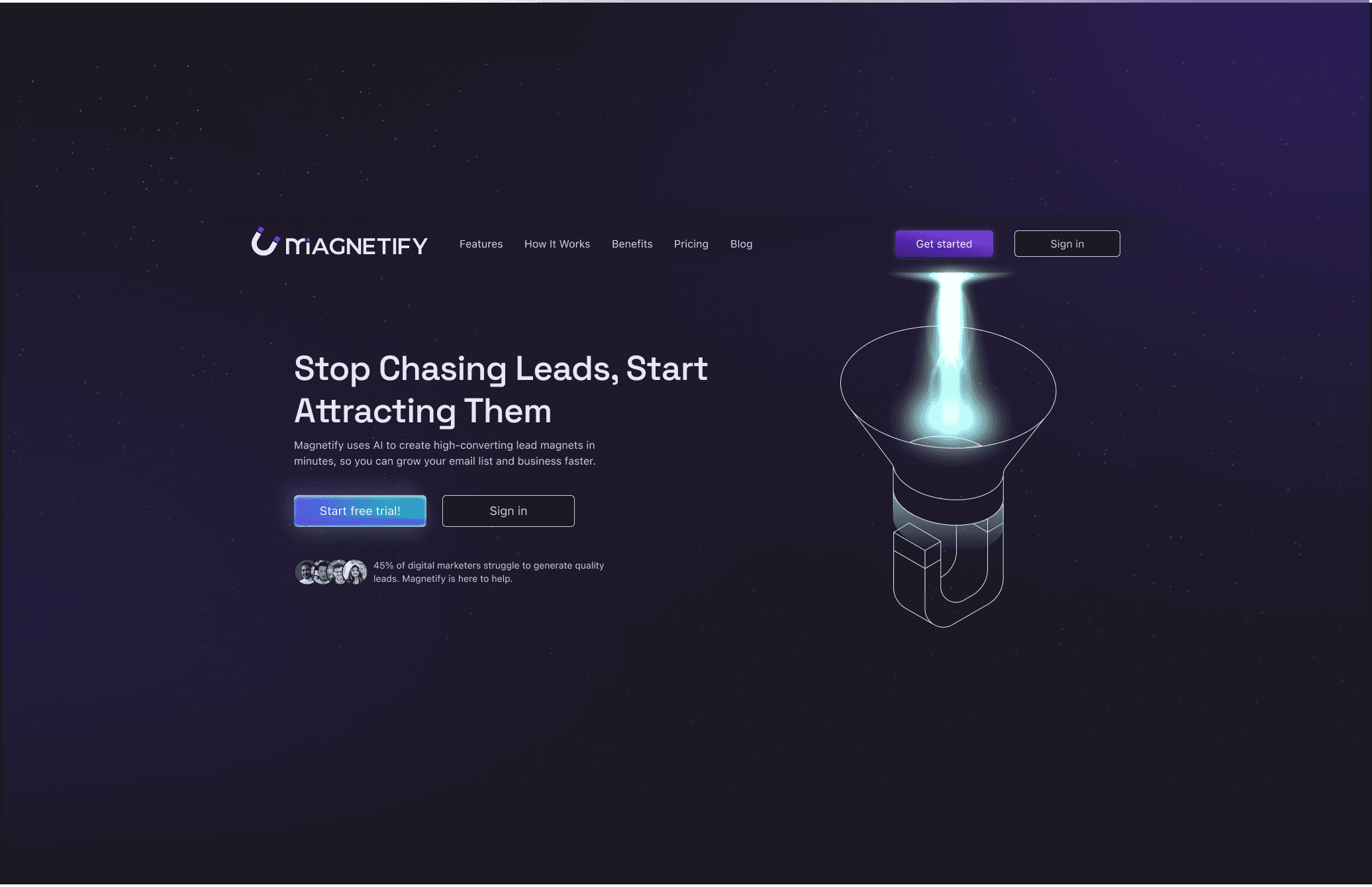 Hero section of the Magnetify website, featuring a magnetic funnel illustration that visualizes lead attraction.