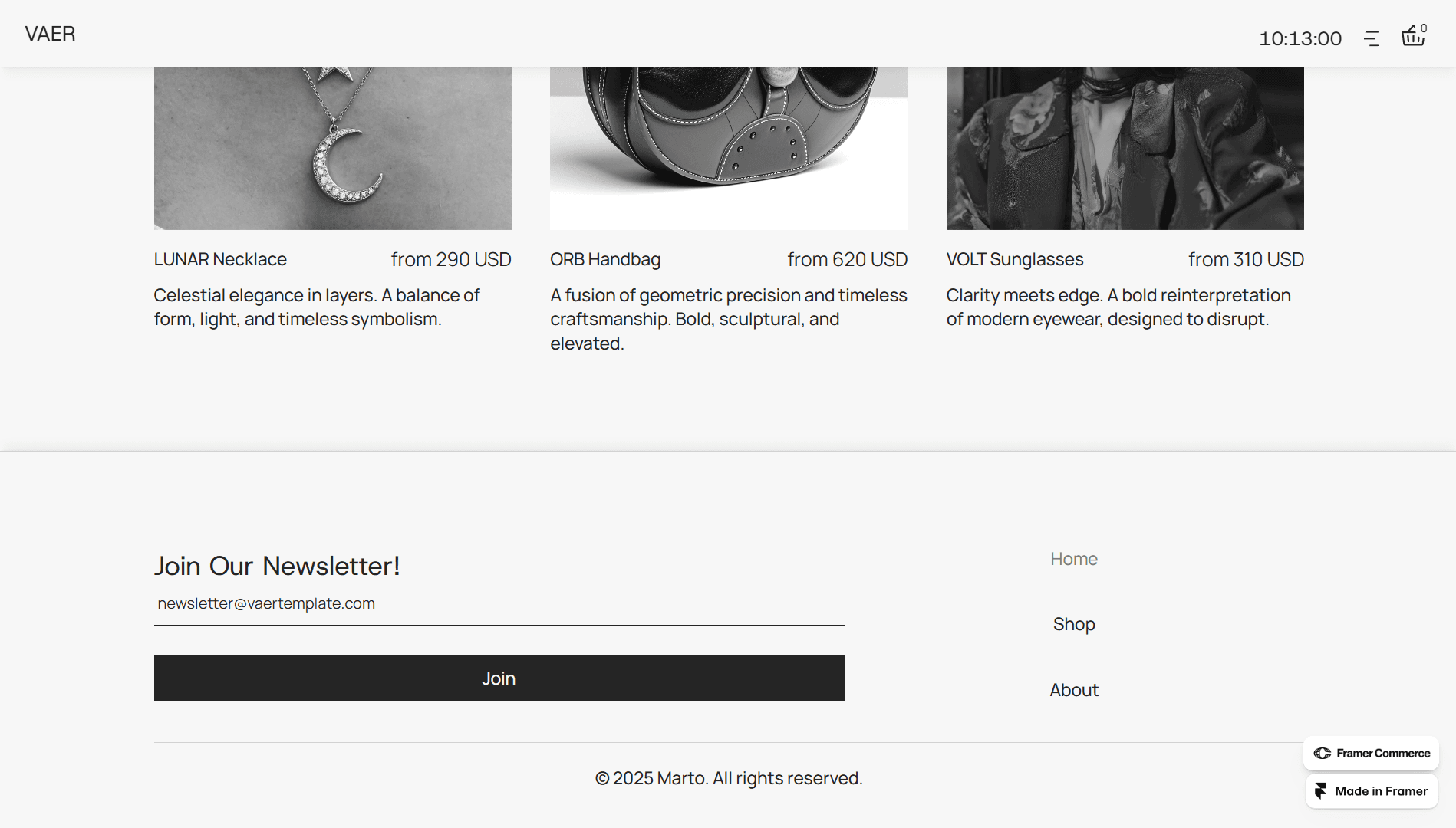 Bottom of the page showing accessories: LUNAR Necklace, ORB Handbag, and VOLT Sunglasses. Below is a minimalist footer with a newsletter signup form and site navigation links.