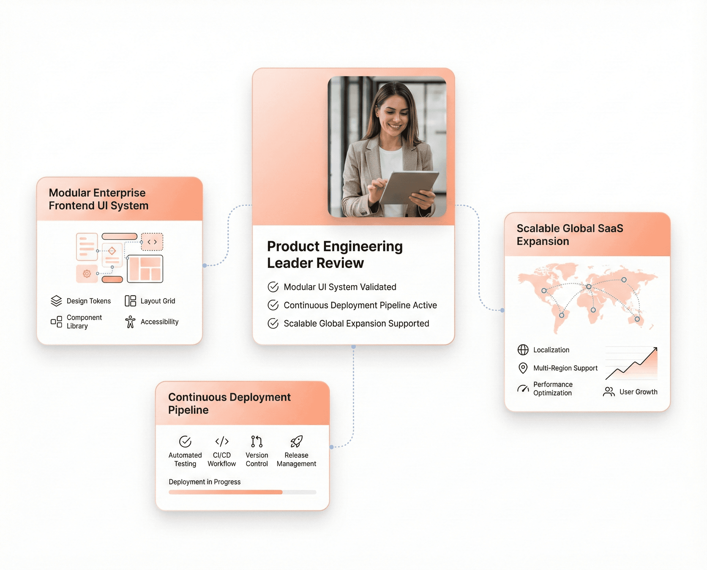Modular enterprise frontend UI system connected through continuous deployment pipeline supporting scalable SaaS growth.