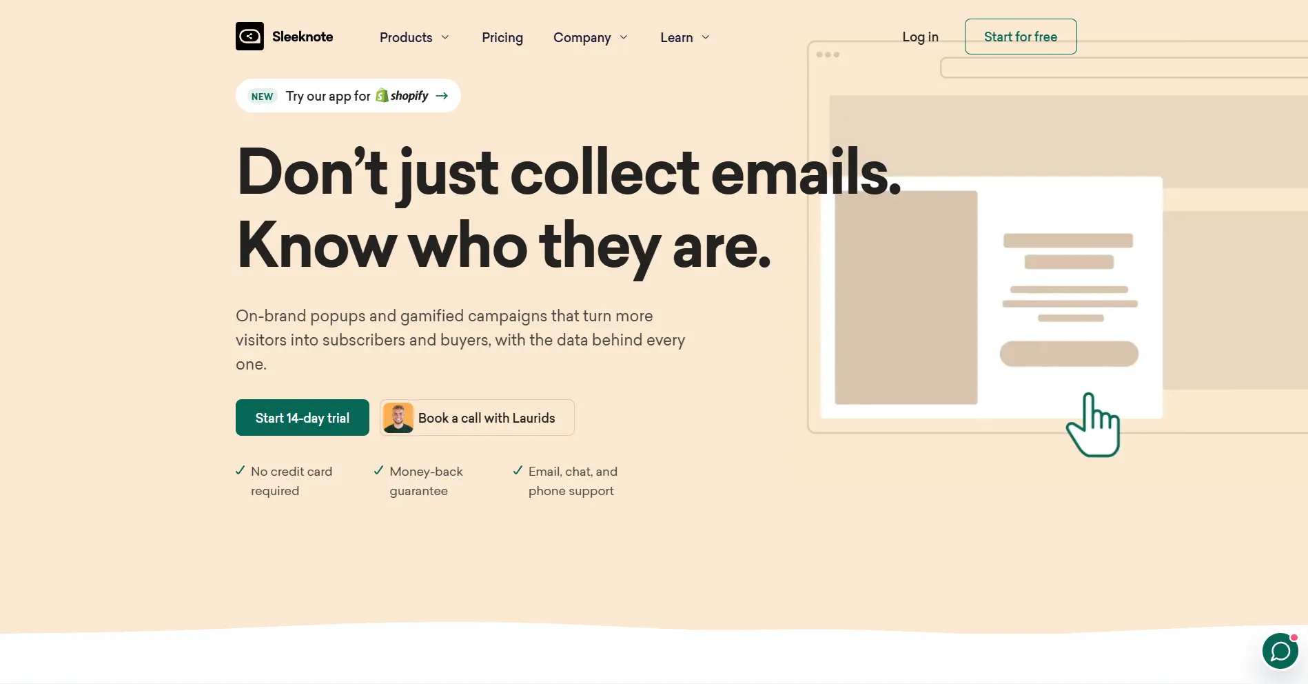 Sleeknote homepage hero section featuring the headline “Don’t just collect emails. Know who they are.” on a warm beige background