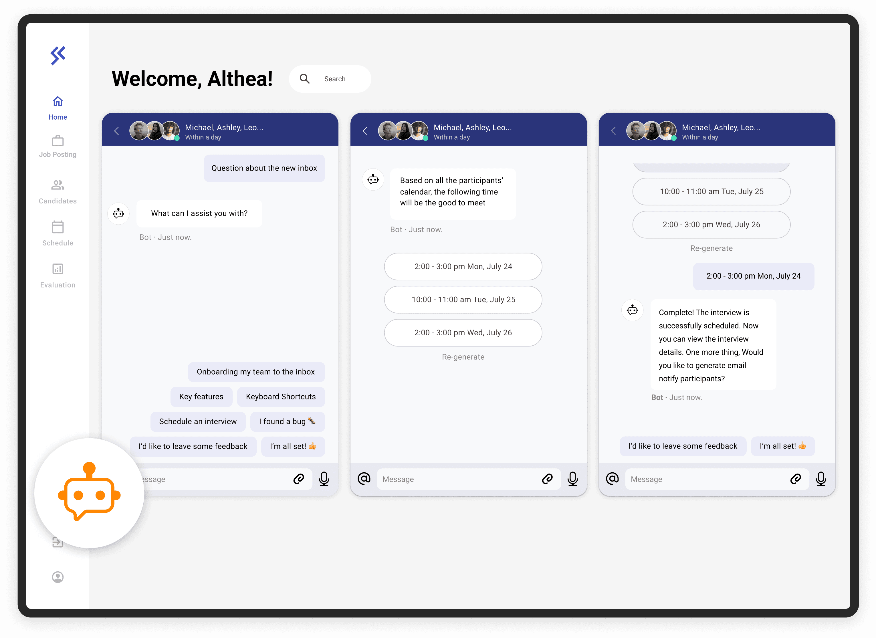 A screen which is showing three AI chatbot screens