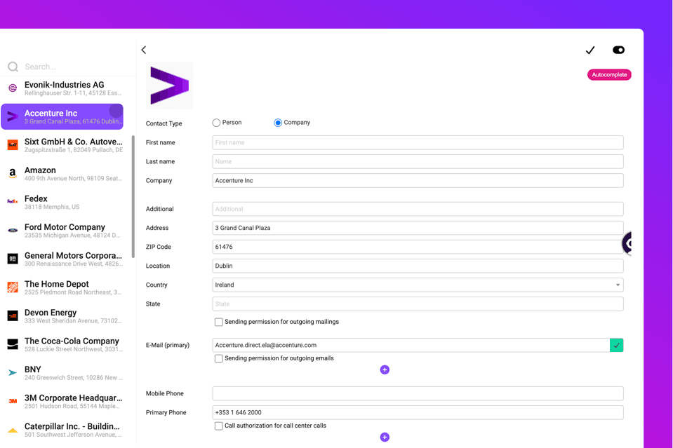 CRM System with Auto Completion