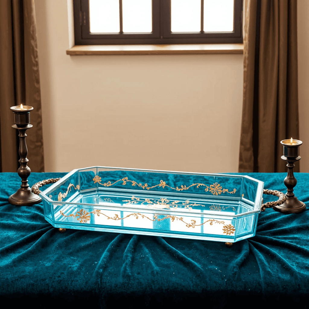 product photography of decorative glass serving tray with candle holders