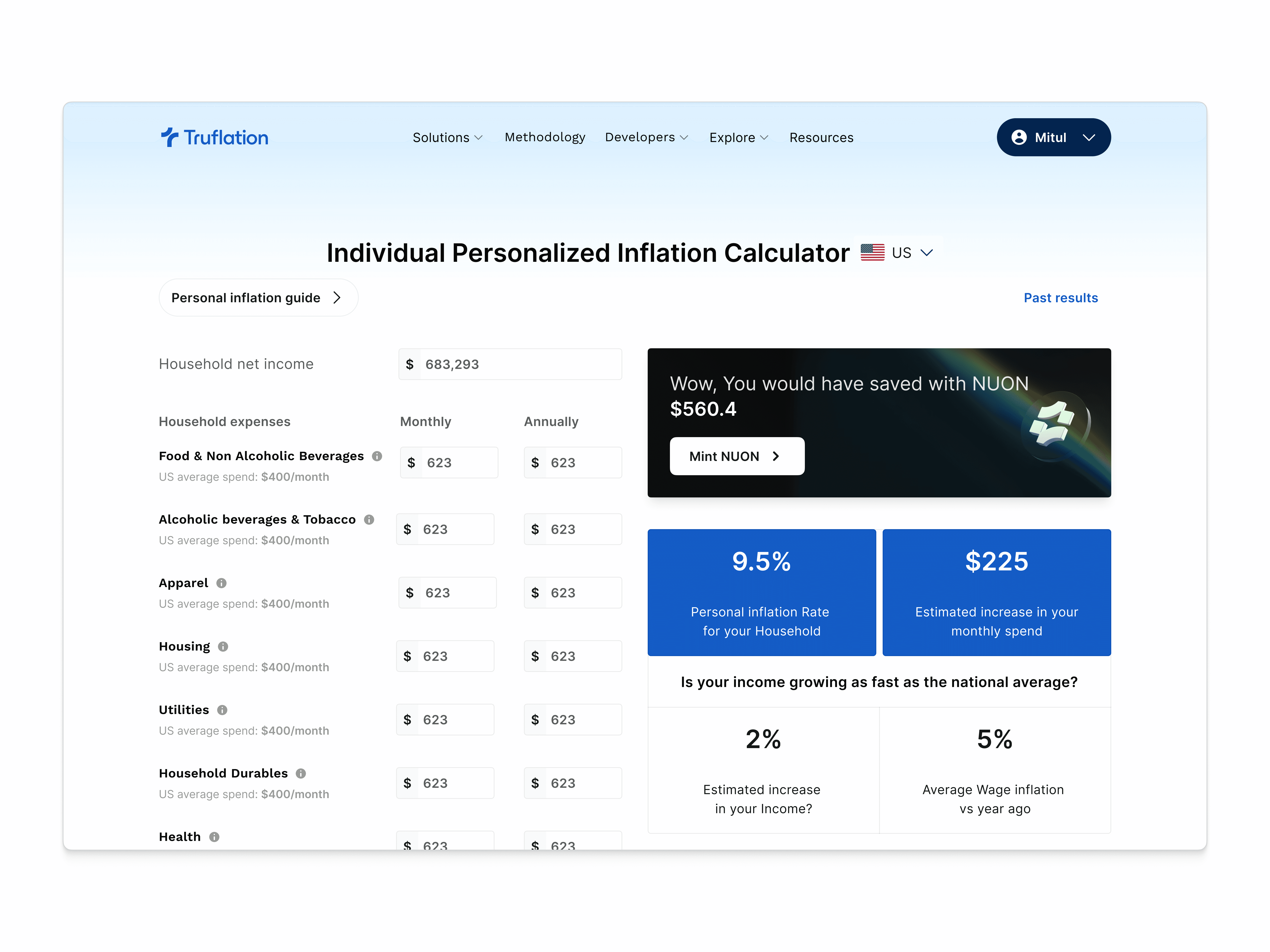 Truflation's personalized inflation calculator UI showing household income, expense categories, personal inflation rate, and NUON savings insight