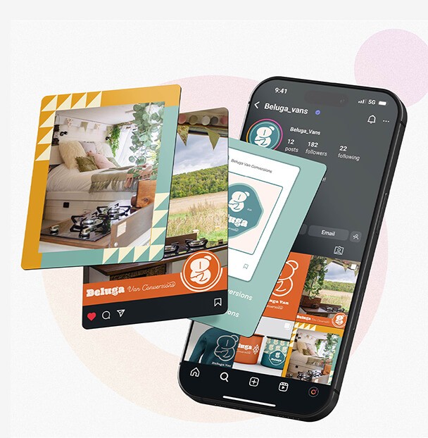 Beluga Van Conversions project graphic of a mobile phone exploding with branded content designs